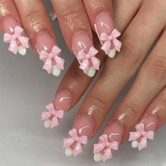 24Pcs Medium Almond Acrylic Press-On Nails with French Tip & Pink Bow Design